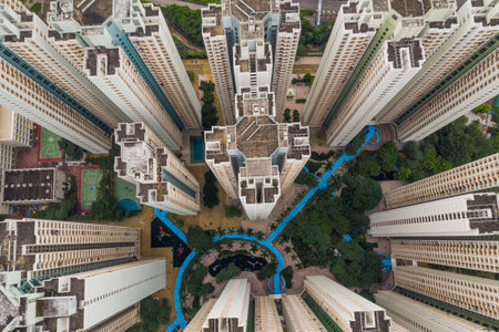 Tin Shui wai, Hong Kong, 27 August 2018:- Drone flying over the residential district in Hong Kongのeditorial素材