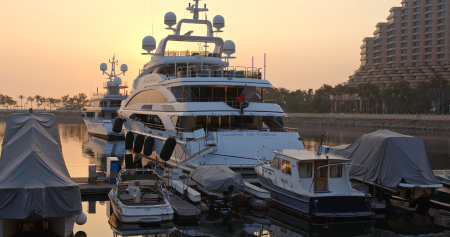 Tuen Mun, Hong Kong 01 February 2019:- Typhoon shelter in Gold coast at Hong Kong under sunsetのeditorial素材