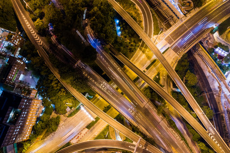 Hung Hom, Hong Kong 05 September 2018:- Top down of road traffic at nightのeditorial素材