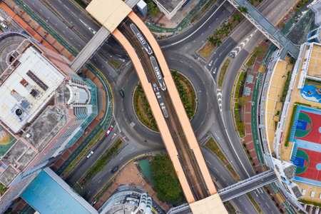 Tin Shui Wai, Hong Kong, 02 February 2019: Top down view of Hong Kong light rail in the city