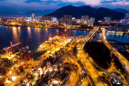 Kwai Tsing, Hong Kong, 14 February 2019:- Top view of Hong Kong Kwai Tsing Container Terminals at nightのeditorial素材