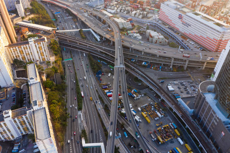 Kwai Tsing, Hong Kong, 14 February 2019:- Container Terminals and city traffic in Hong Kong