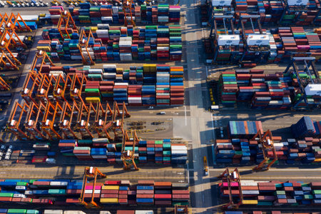 Kwai Tsing, Hong Kong, 14 February 2019:- Top down view of Kwai Tsing Container Terminals in Hong...