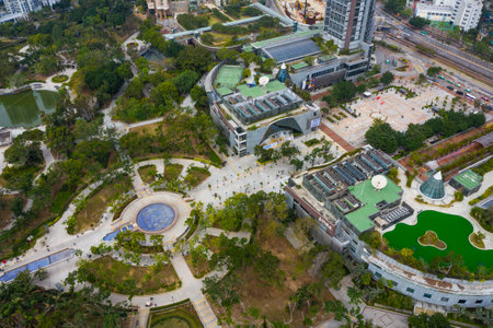 Tin Shui Wai, Hong Kong, 02 February 2019: Top view of Hong Kong apartment building and parkのeditorial素材