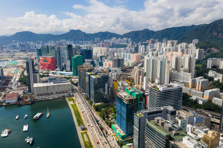 Kowloon Bay, Hong Kong 03 September 2018:- Drone fly over Hong Kong downtownのeditorial素材