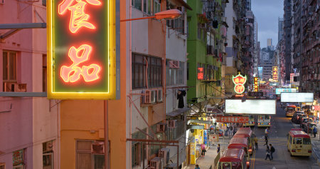 Mong Kok, Hong Kong 21 March 2019:  Hong Kong city street at nightのeditorial素材