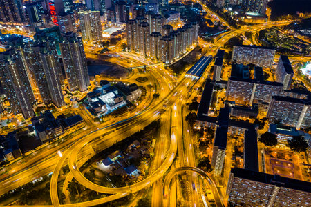 Kowloon Bay, Hong Kong 25 April 2019: Top view of Hong Kong city at night