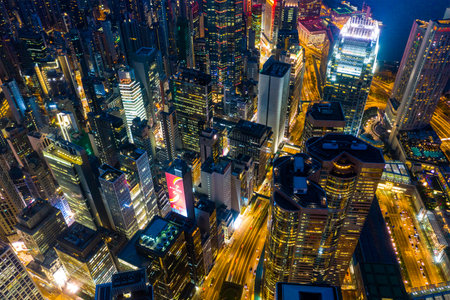 Central, Hong Kong 29 April 2019: Aerial view of Compact city of Hong Kong at nightのeditorial素材