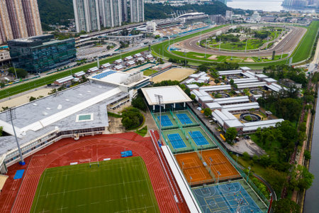 Sha Tin, Hong Kong 07 May 2019: Top view of recreation park and racecourse in Hong Kongのeditorial素材
