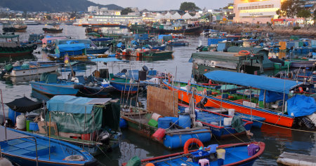 Cheung chau, Hong Kong, 24 April 2019: Crowded of small boat in the sea of Cheung chau island in the eveningのeditorial素材