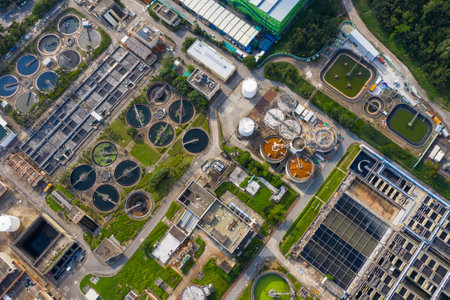 Tai Po, Hong Kong 20 May 2019: Top view of sewage plant in Hong Kongのeditorial素材