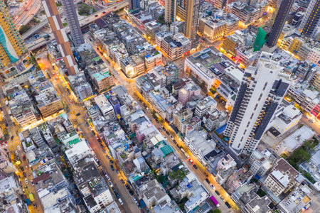 Kowloon City, Hong Kong 17 May 2019: Top view of Hong Kong city downtown at nightのeditorial素材