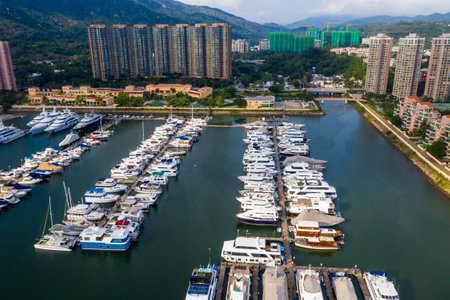 Tuen Mun, Hong Kong 17 May 2019: Aerial view of Hong Kong castle peak with typhoon shelterのeditorial素材
