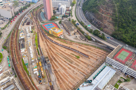 Chai Wan, Hong kong 02 May 2019: Drone fly over Hong Kong train stationのeditorial素材