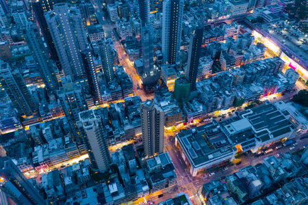 Kowloon City, Hong Kong 17 May 2019: Top view of Hong Kong city at nightのeditorial素材