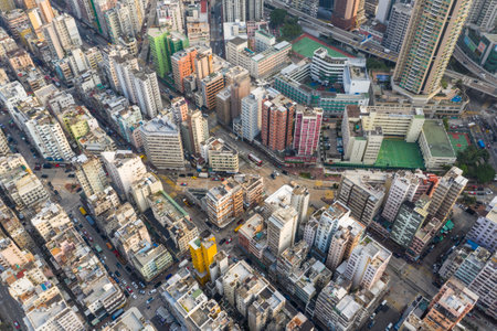 Sham Shui Po, Hong Kong, 19 March 2019: Top down view of Hong Kong cityのeditorial素材