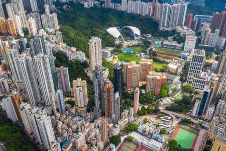 Tin Hau, Hong Kong 01 June 2019: Aerial view of Hong Kong cityのeditorial素材