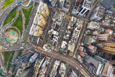 Causeway Bay, Hong Kong 07 May 2019: Drone fly over Hong Kong commercial districtのeditorial素材