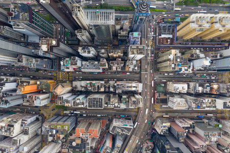 Causeway Bay, Hong Kong 07 May 2019: Drone fly over Hong Kong commercial districtのeditorial素材