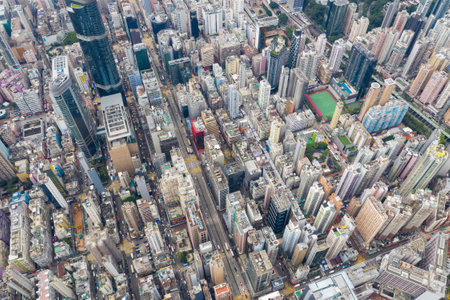 Mong Kok, Hong Kong 09 May 2019: Drone fly over Hong Kong cityのeditorial素材