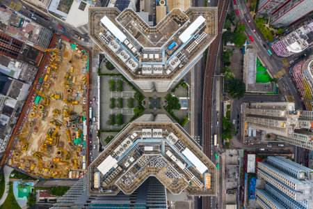 Kwun Tong, Hong Kong 02 June 2019: Top down view of Hong Kong business districtのeditorial素材