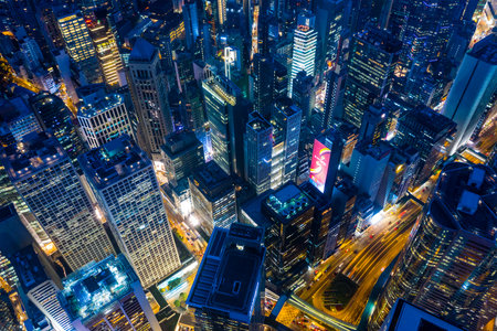 Central, Hong Kong 29 April 2019: Top view of Hong Kong downtown city at nightのeditorial素材