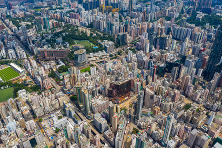 Mong Kok, Hong Kong 10 September 2019: Drone fly over Hong Kong cityのeditorial素材