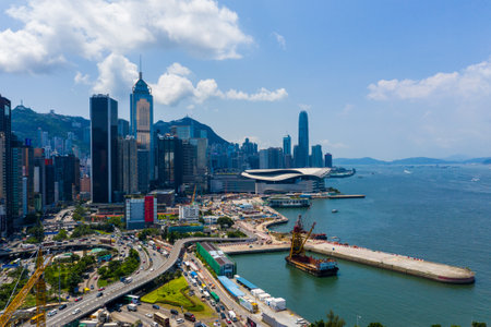 Hong Kong island, Hong Kong 11 September 2019: Drone fly over Hong Kong city