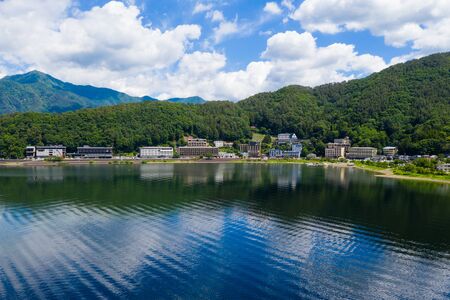 Beautiful Japanese kawaguchi landscape with clear blue sky
