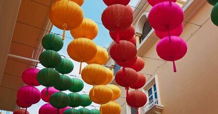 Colorful chinese style lantern hanging outdoor under clear blue sky for Lunar new year