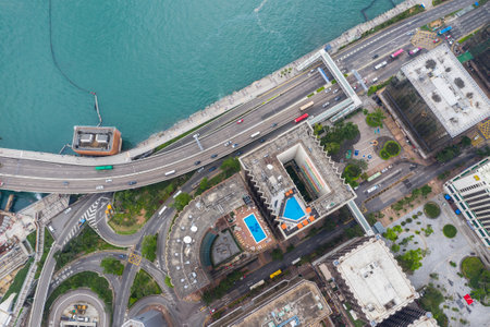 Tsim Sha Tsui East, Hong Kong 21 April 2019: Top view of Hong Kong cityのeditorial素材