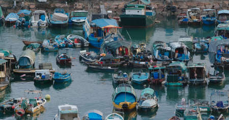 Lei Yue Mun, Hong Kong 21 September 2020: Fishing boat in typhoon shelterの写真素材