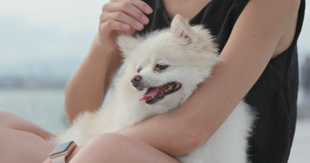 Woman hugging her dog at outdoor