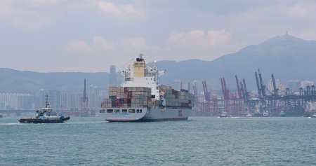 Hong Kong, 02 May 2018:- Cargo ship passing the harbor