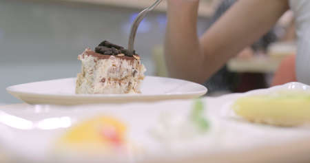 Woman enjoy tiramisu in the coffee shop