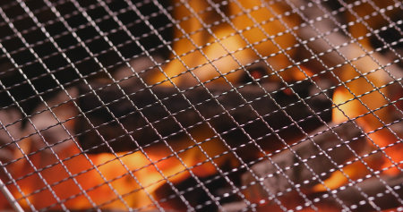 Barbecue Charcoal fire and metal grill netの写真素材