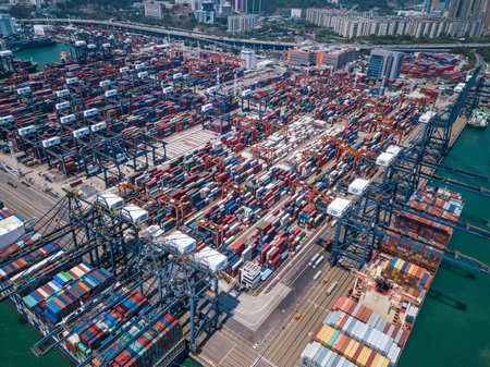 Drone fly over container terminal port in Hong Kongのeditorial素材
