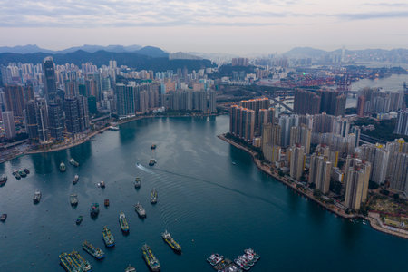 Tsing yi and Tsuen wan, Hong Kong, 12 February 2019: Hong Kong city from topのeditorial素材
