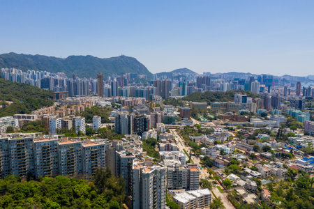 Kowloon Tong, Hong Kong 12 April 2020: Top view of Hong Kong city
