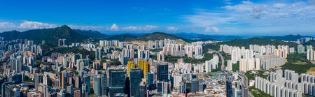 Kwun Tong, Hong Kong 06 September 2019: Aerial view of Hong Kong Kowloon side