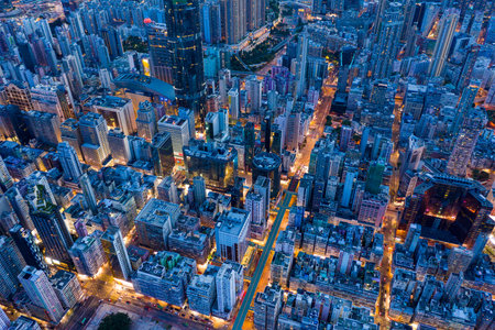 Mong Kok, Hong Kong 26 July 2020: Top view of Hong Kong city at eveningのeditorial素材