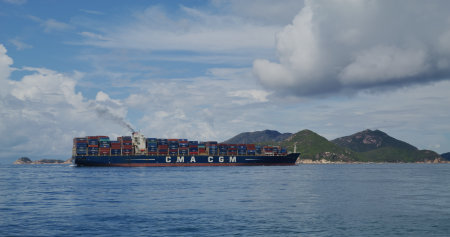Hong Kong 01 June 2021: Cargo ship on the seaのeditorial素材