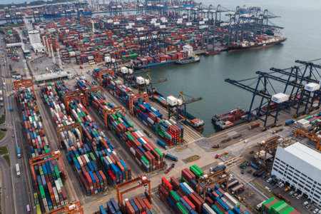 Kwai Chung, Hong Kong 16 June 2021: Drone fly over Hong Kong container portのeditorial素材
