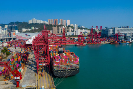 Kwai Tsing, Hong Kong 04 December 2019: Drone fly over Hong Kong cargo terminalのeditorial素材