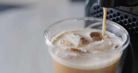 Espresso machine making fresh ice coffeeの写真素材