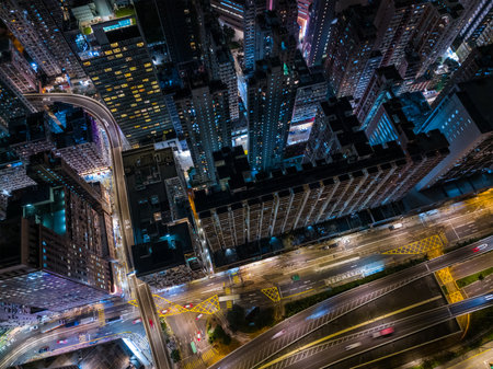 Sheung Wan, Hong Kong 11 January 2022: Top view of Hong Kong city at night