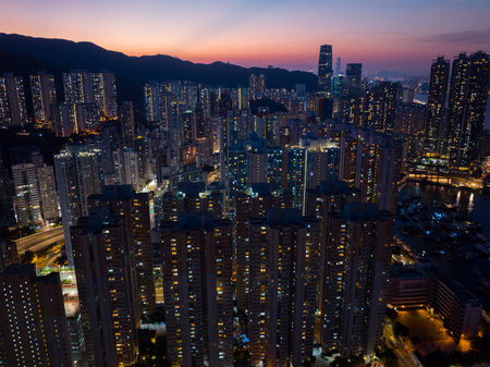 Hong Kong residential district at nightのeditorial素材