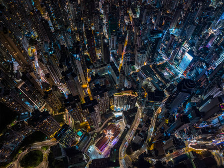 Central, Hong Kong 06 December 2021: Top view of Hong Kong city at nightのeditorial素材