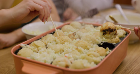 Making takoyaki, Octopus ball at home in the eveningの写真素材