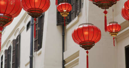 Red lantern hanging at outdoor for chinese new yearの写真素材